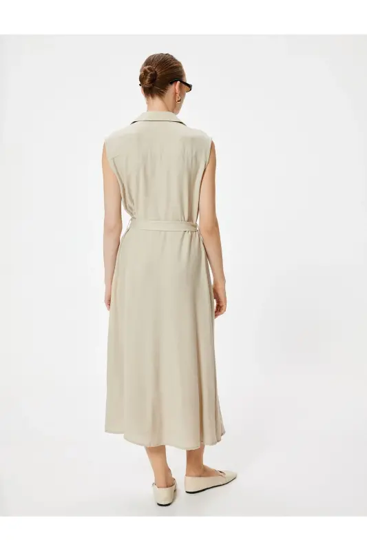 Sleeveless Midi Viscose Shirt Dress with Belt and Pocket Detail - 4