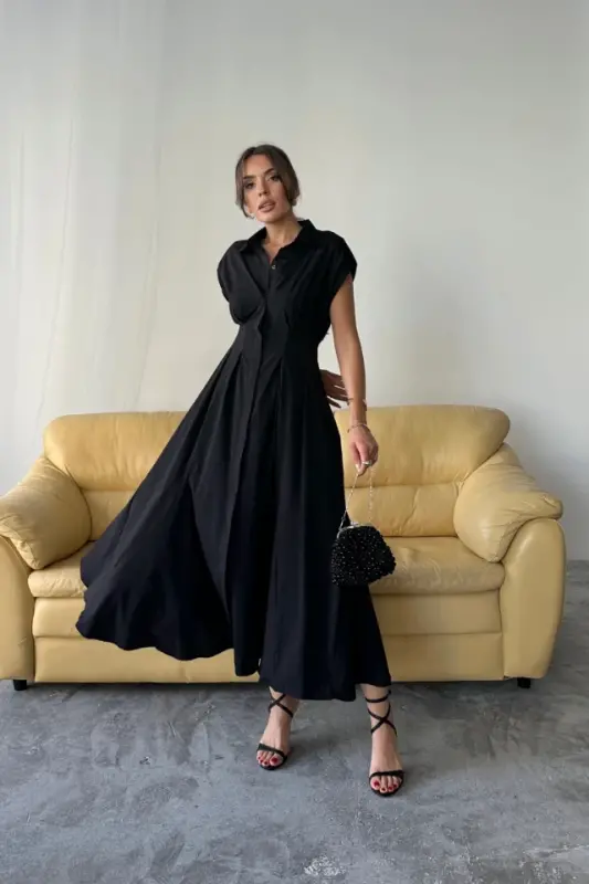 SLEEVELESS PADDED BUTTON-FRONT POPLIN DRESS WITH WAIST TUCK DETAIL - Black - 1