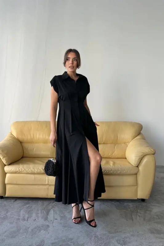 SLEEVELESS PADDED BUTTON-FRONT POPLIN DRESS WITH WAIST TUCK DETAIL - Black - 3