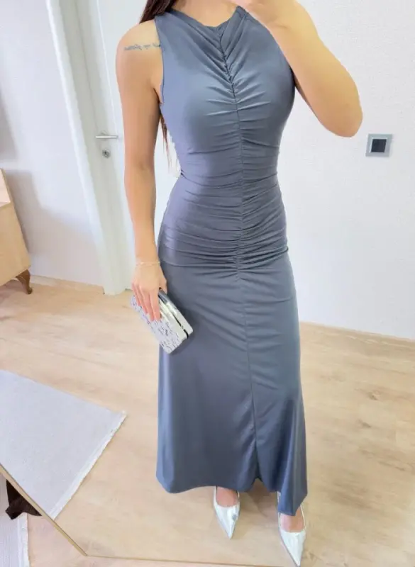 Sleeveless Ruched Long Dress - Smoke Gray - 2