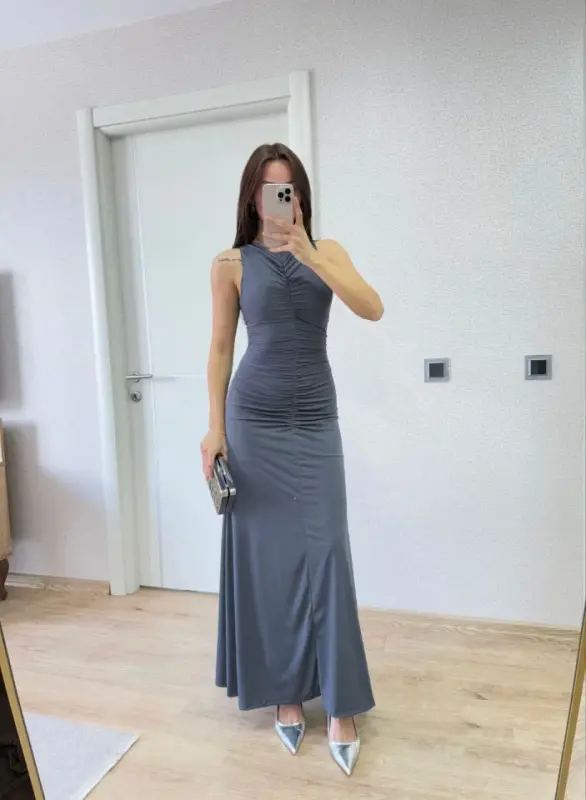 Sleeveless Ruched Long Dress - Smoke Gray - 3