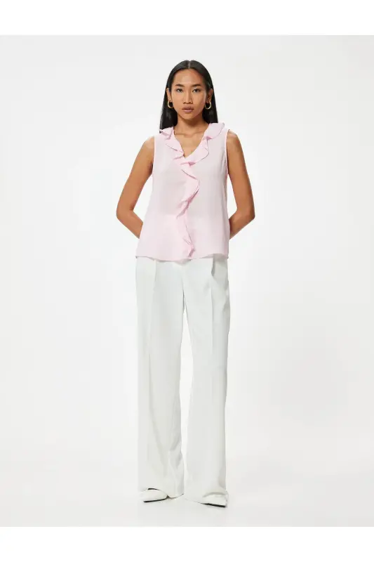 Sleeveless Ruffled Chiffon Blouse V-Neck-Rose - KOTON