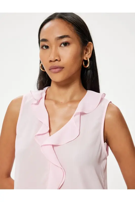 Sleeveless Ruffled Chiffon Blouse V-Neck-Rose - 2