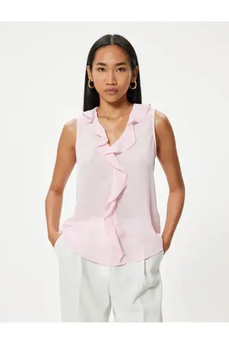 Sleeveless Ruffled Chiffon Blouse V-Neck-Rose - 3