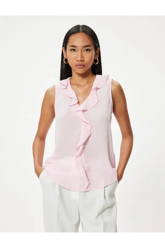 Sleeveless Ruffled Chiffon Blouse V-Neck-Rose - 3