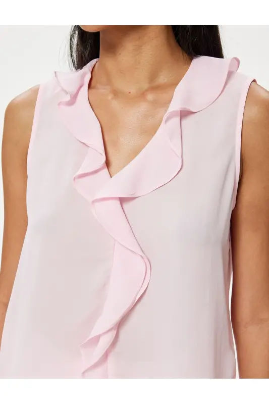 Sleeveless Ruffled Chiffon Blouse V-Neck-Rose - 5