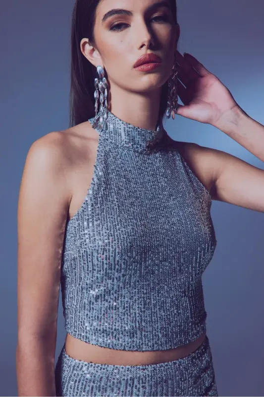 Sleeveless Sequin Blouse - SILVER-SILVER - 4