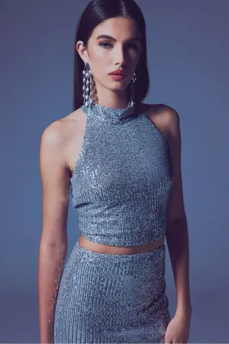 Sleeveless Sequin Blouse - SILVER-SILVER - 5