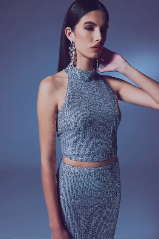 Sleeveless Sequin Blouse - SILVER-SILVER - 6