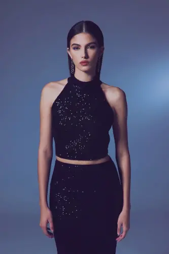 Sleeveless Sequined Blouse - BLACK - 1