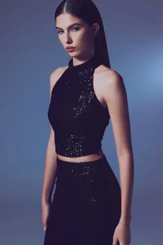 Sleeveless Sequined Blouse - BLACK - 4