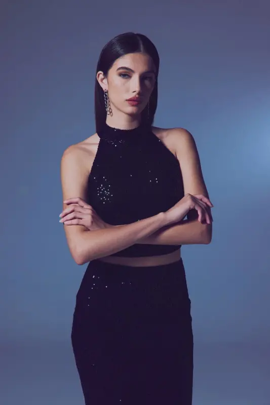 Sleeveless Sequined Blouse - BLACK - 6