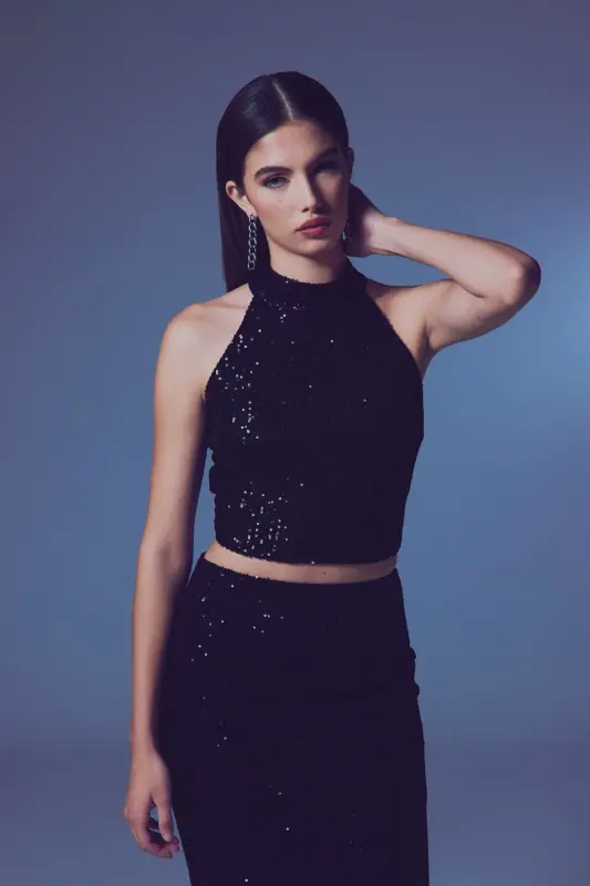 Sleeveless Sequined Blouse - BLACK - 2