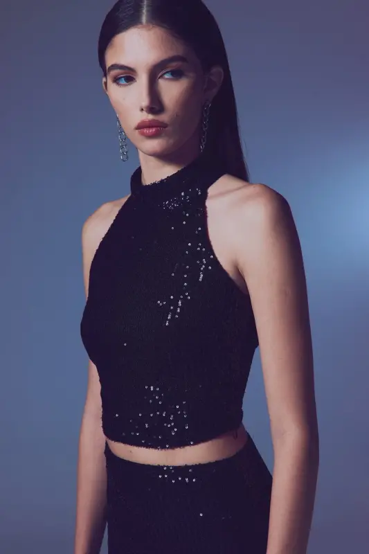 Sleeveless Sequined Blouse - BLACK - 5