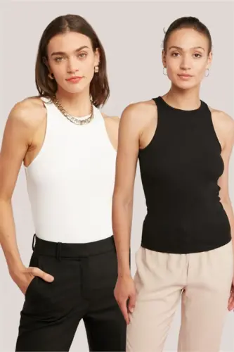 Sleeveless Tank Top Halter Neck Set of 2 Black - White Women's Shirt - 1