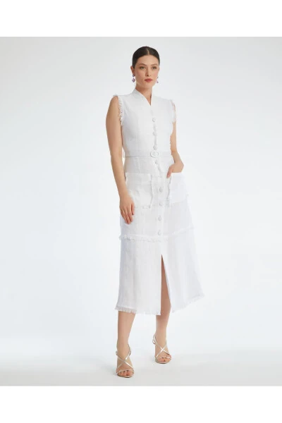 Sleeveless Textured Belted Midi Ecru Dress - Modazone