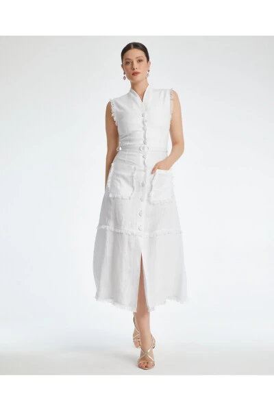 Sleeveless Textured Belted Midi Ecru Dress - Modazone (1)