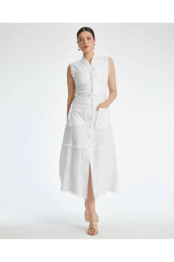 Sleeveless Textured Belted Midi Ecru Dress - 2