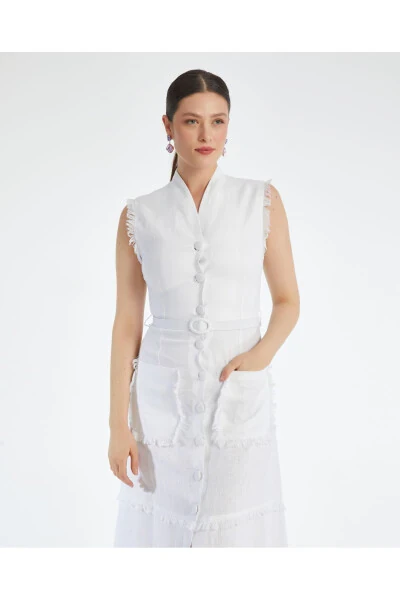 Sleeveless Textured Belted Midi Ecru Dress - 3