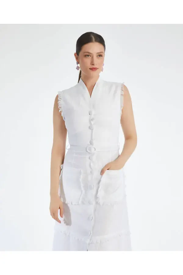 Sleeveless Textured Belted Midi Ecru Dress - 3