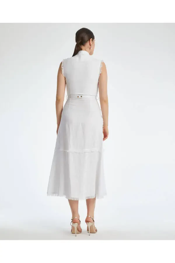 Sleeveless Textured Belted Midi Ecru Dress - 4