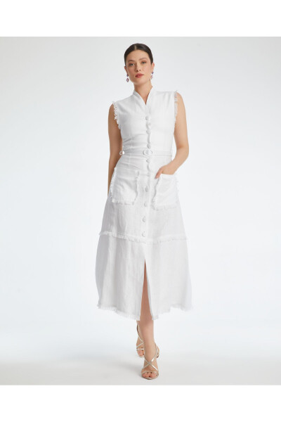 Sleeveless Textured Belted Midi Ecru Dress - SERPİL (1)