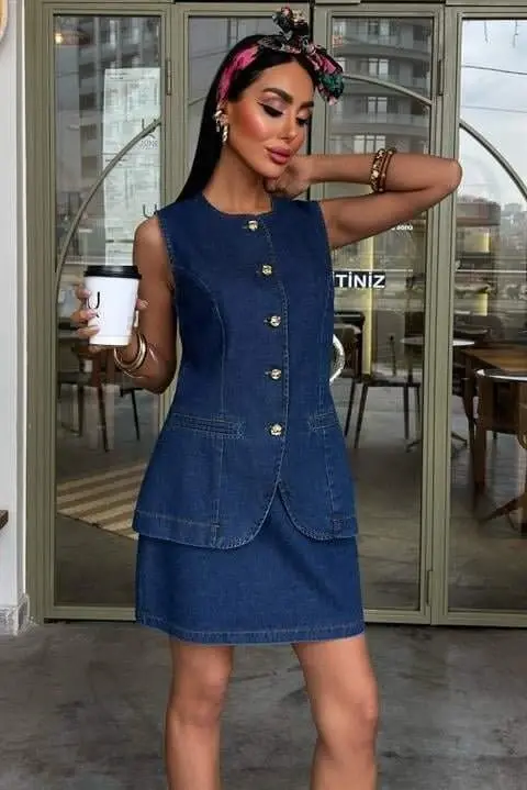 Sleeveless Vest Mini Skirt Denim Suit 10164 - 2