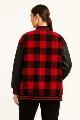 Sleeves Faux Leather Lined Lumberjack College Jacket - Burgundy - BÜYÜKBEDENIZ (1)