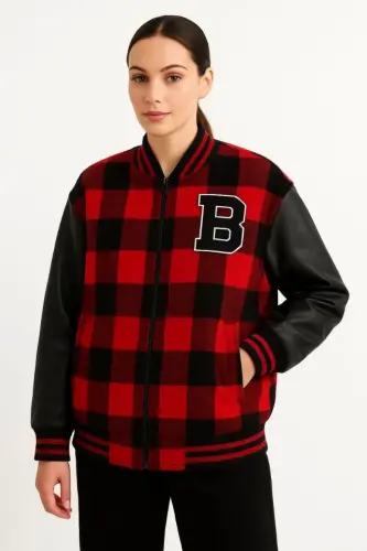 Sleeves Faux Leather Lined Lumberjack College Jacket - Burgundy - 3
