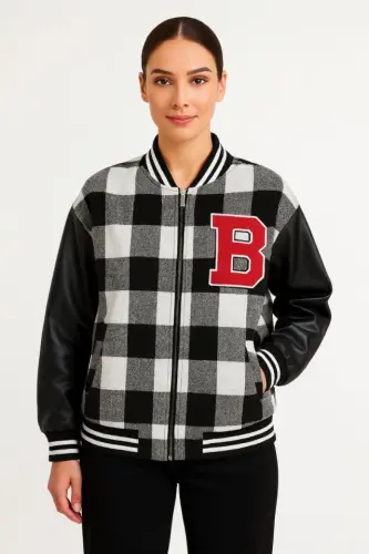 Sleeves Faux Leather Lined Lumberjack College Jacket - Gray - 1