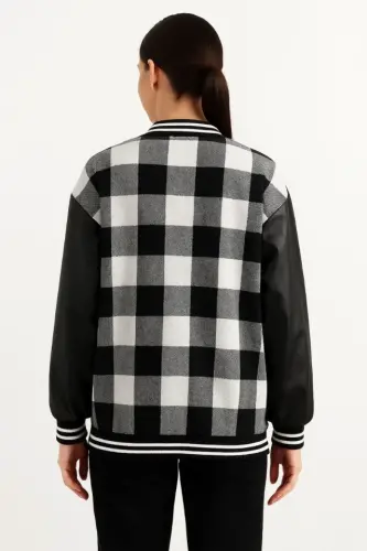 Sleeves Faux Leather Lined Lumberjack College Jacket - Gray - BÜYÜKBEDENIZ (1)