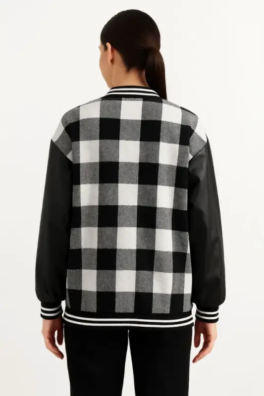 Sleeves Faux Leather Lined Lumberjack College Jacket - Gray - 2