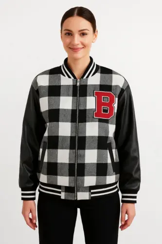 Sleeves Faux Leather Lined Lumberjack College Jacket - Gray - 3