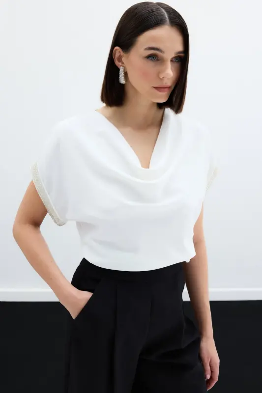 Sleeves Stone Detailed Blouse - Ecru-ECRU - 1