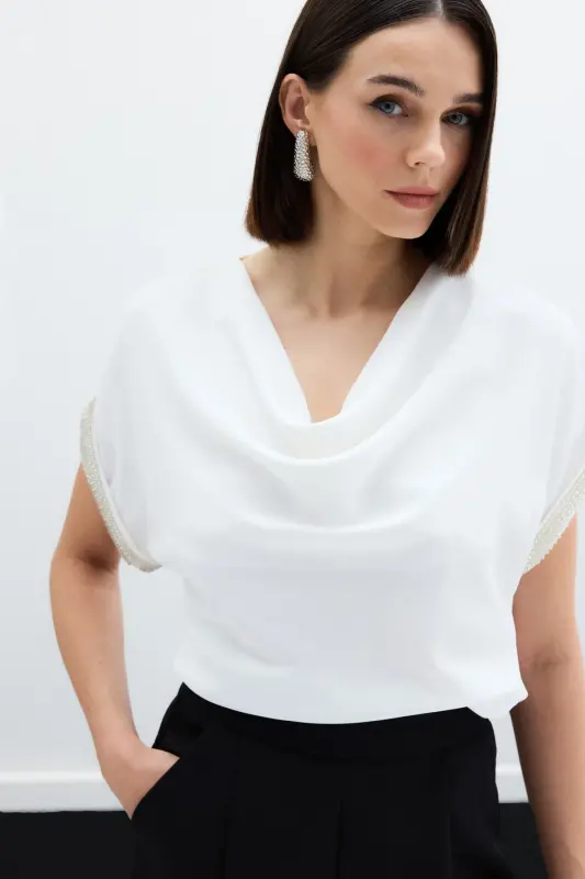 Sleeves Stone Detailed Blouse - Ecru-ECRU - 2