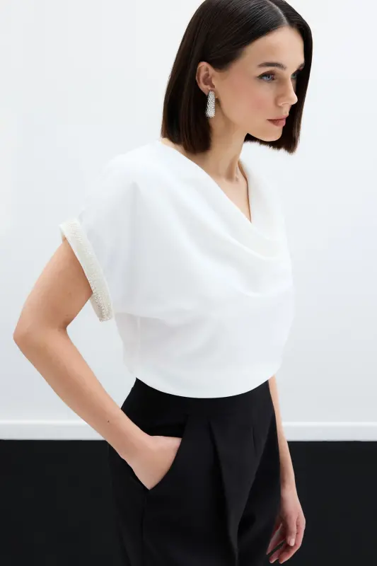Sleeves Stone Detailed Blouse - Ecru-ECRU - 3