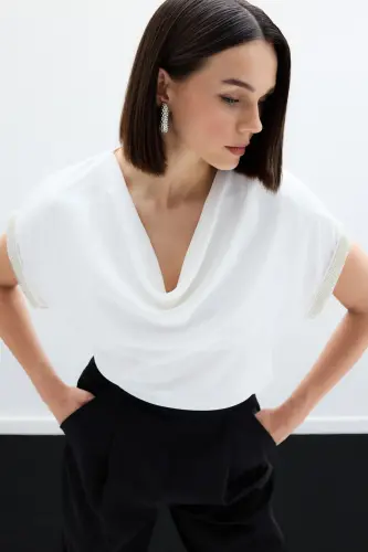 Sleeves Stone Detailed Blouse - Ecru-ECRU - 4