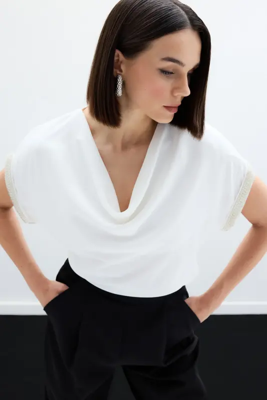 Sleeves Stone Detailed Blouse - Ecru-ECRU - 4