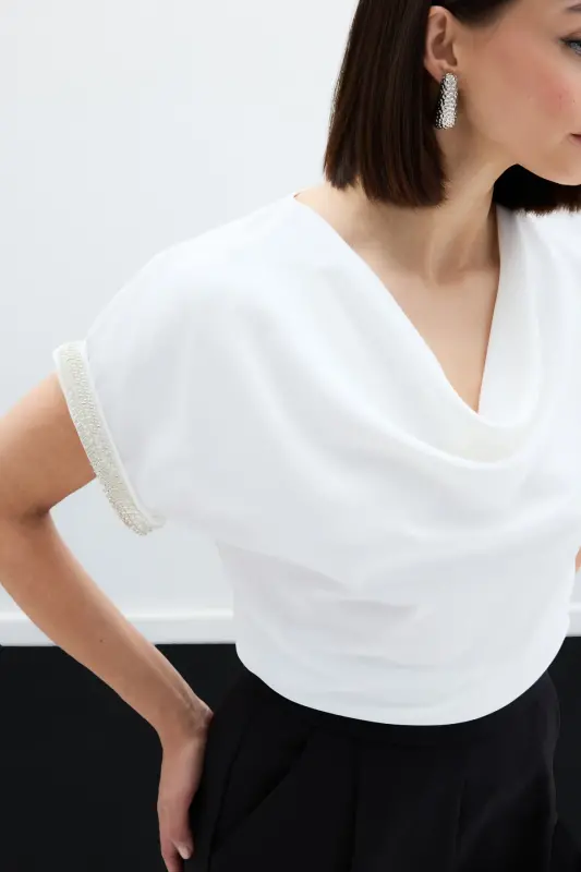 Sleeves Stone Detailed Blouse - Ecru-ECRU - 5