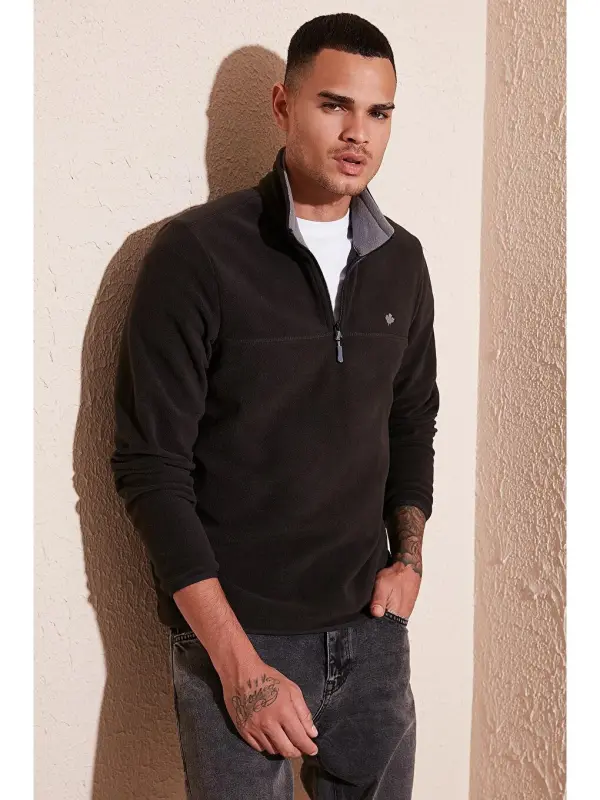 Antrasit Slim Fit Anti-Pilling Bato Yaka Kışlık Şardonlu Erkek Polar Sweatshirt 5906001-Antrasit - 1
