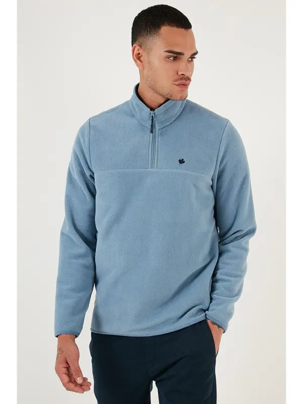 Slim Fit Anti-Pilling Bato Yaka Qishki Shardonli Erkak Polar Sweatshirt 5906001-Moviy - 1