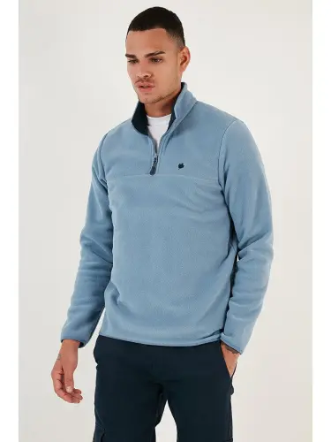 Slim Fit Anti-Pilling Bato Yaka Qishki Shardonli Erkak Polar Sweatshirt 5906001-Moviy - 2