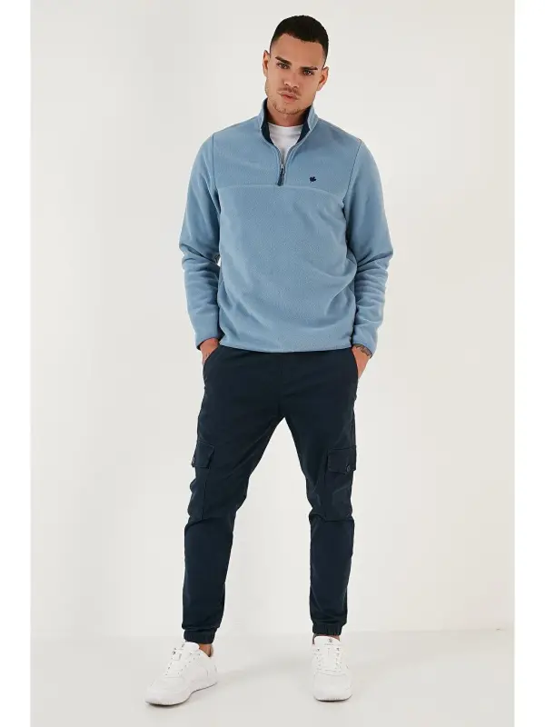 Slim Fit Anti-Pilling Bato Yaka Qishki Shardonli Erkak Polar Sweatshirt 5906001-Moviy - 3