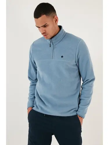 Slim Fit Anti-Pilling Bato Yaka Qishki Shardonli Erkak Polar Sweatshirt 5906001-Moviy - 4