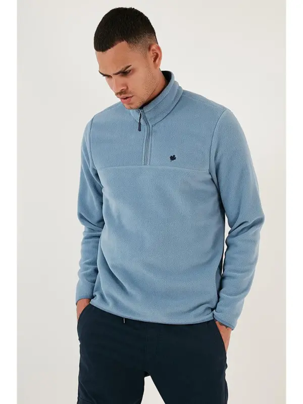 Slim Fit Anti-Pilling Bato Yaka Qishki Shardonli Erkak Polar Sweatshirt 5906001-Moviy - 4