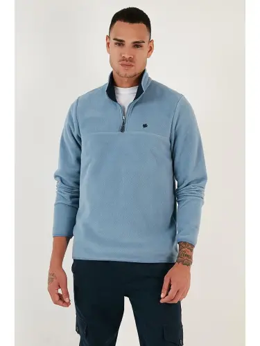 Slim Fit Anti-Pilling Bato Yaka Qishki Shardonli Erkak Polar Sweatshirt 5906001-Moviy - 5