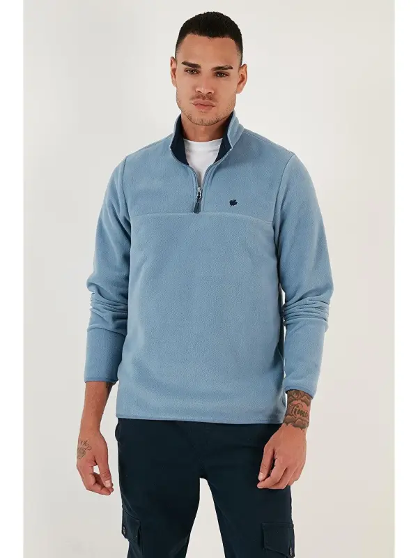 Slim Fit Anti-Pilling Bato Yaka Qishki Shardonli Erkak Polar Sweatshirt 5906001-Moviy - 5