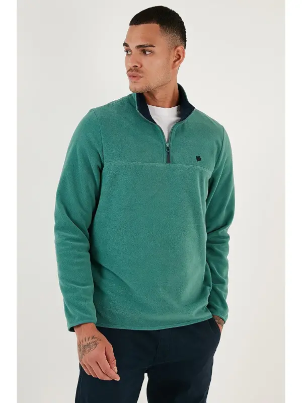 Slim Fit Anti-Pilling Tuklanishga qarshi Bato Yoqali Qishki Shardonli Polar 5906001-Yashil - 5
