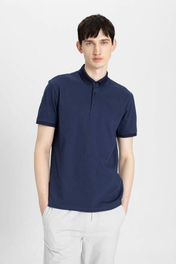 Slim Fit Basic Qisqa Yengli Polo Ko'ylak Ko'k - 1