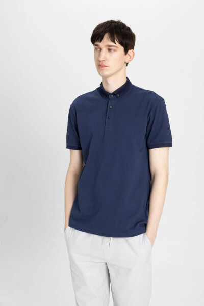 Slim Fit Basic Qisqa Yengli Polo Ko'ylak Ko'k - 3